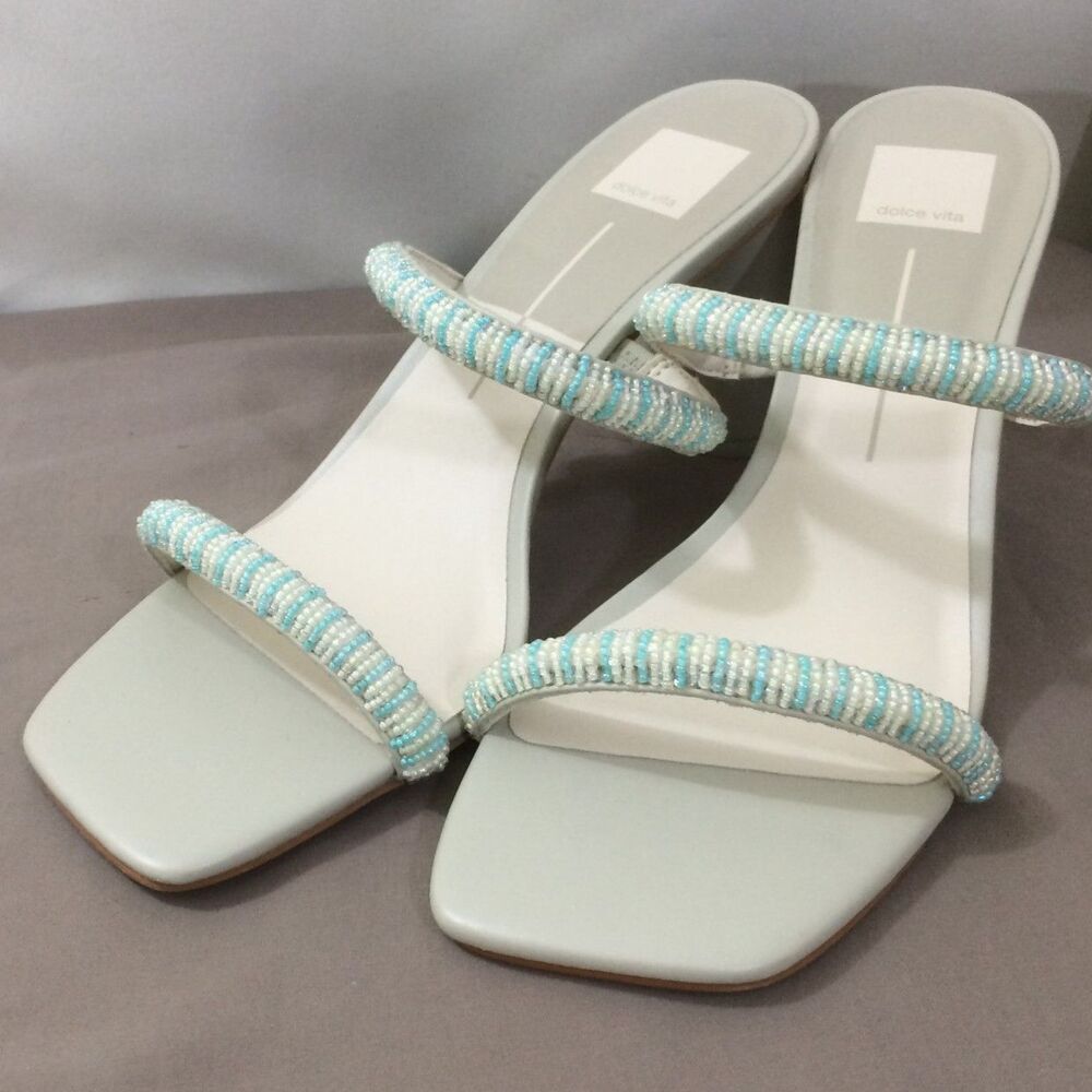 NEW Dolce Vita Beaded Sandals 3" Heel Mint Multi Leather Block Heel Slides 11
